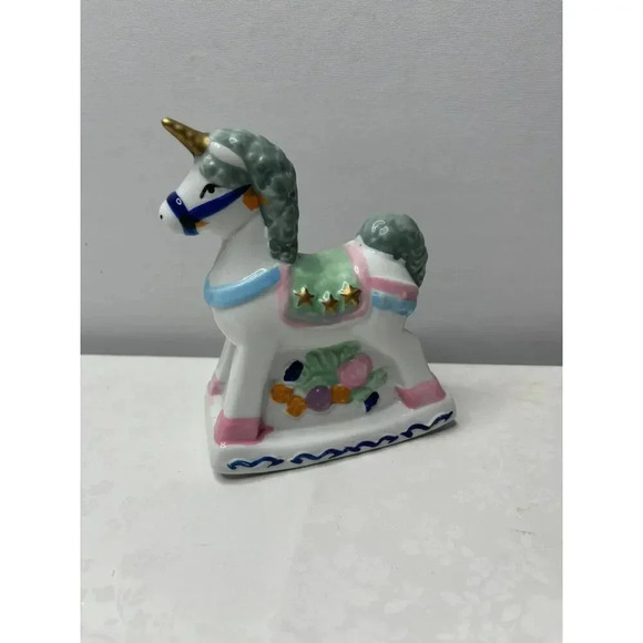 Unicorn Hobby Horse Carousel Figurine Ceramic Porcelain Figure Rose Star Used - Picture 1 of 3